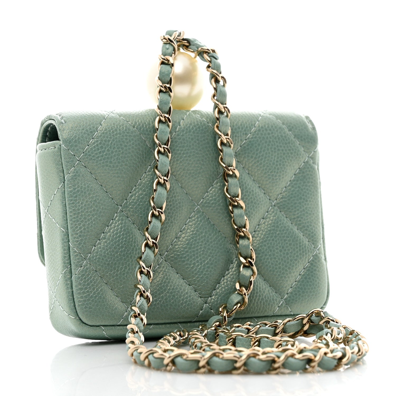 Chanel Iridescent Caviar Quilted Pearl On Top Coin Purse With Chain Light Green 2 of 8
