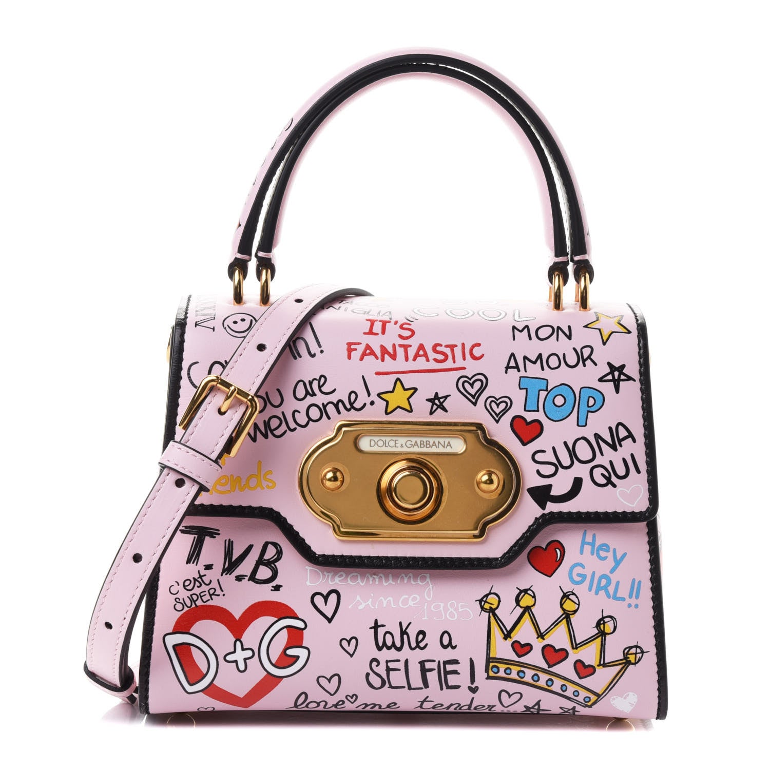 Dolce & Gabbana Calfskin Graffiti Printed Welcome Satchel Pink Black 1 of 4