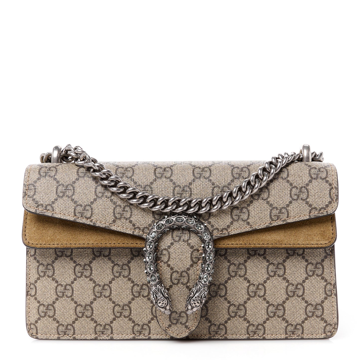 GG Supreme Monogram Suede Crystal Small Dionysus Shoulder Bag Beige Ebony Taupe