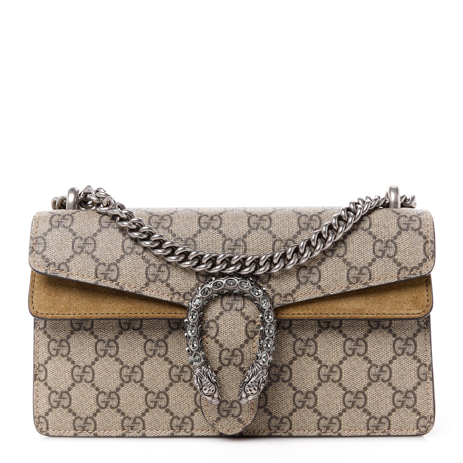Gucci GG Supreme Monogram Suede Crystal Small Dionysus Shoulder Bag Beige Ebony Taupe 1 of 12