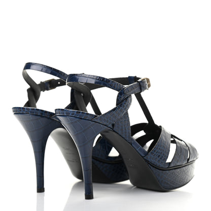 Saint Laurent Crocodile Embossed Tribute 75 Platform Sandals 39.5 Navy 4 of 8
