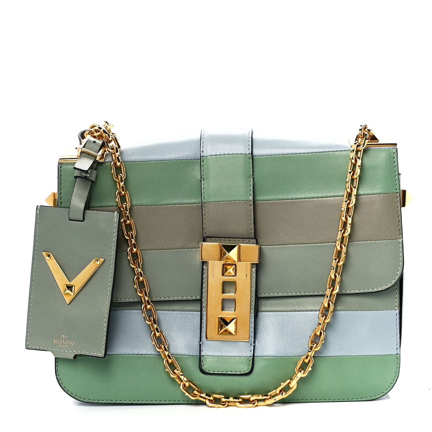 Valentino Garavani Nappa Striped B-Rockstud Flap Green 1 of 12