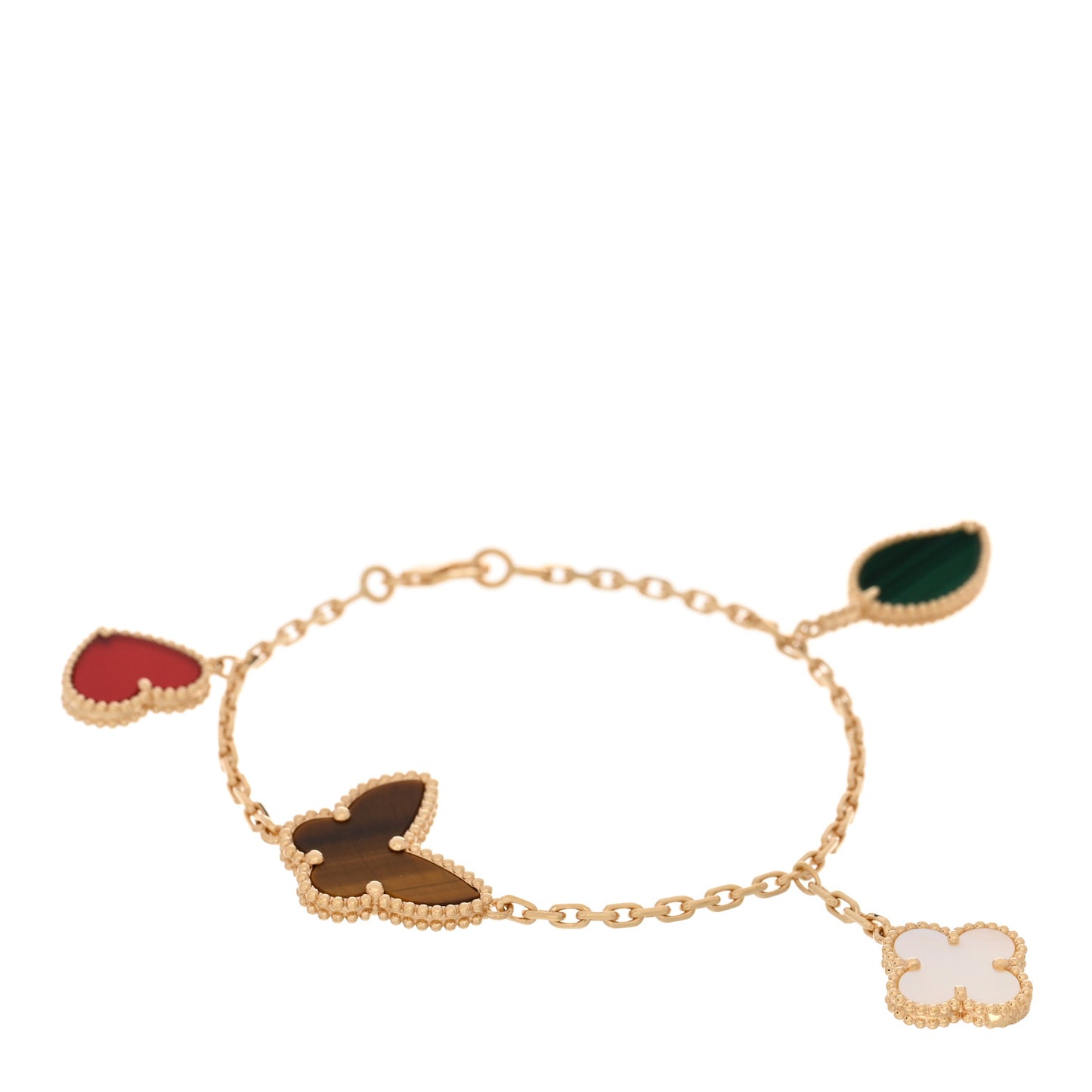 18K Yellow Gold Mother of Pearl Malachite Carnelian Tiger Eye 4 Motifs Lucky Alhambra Bracelet