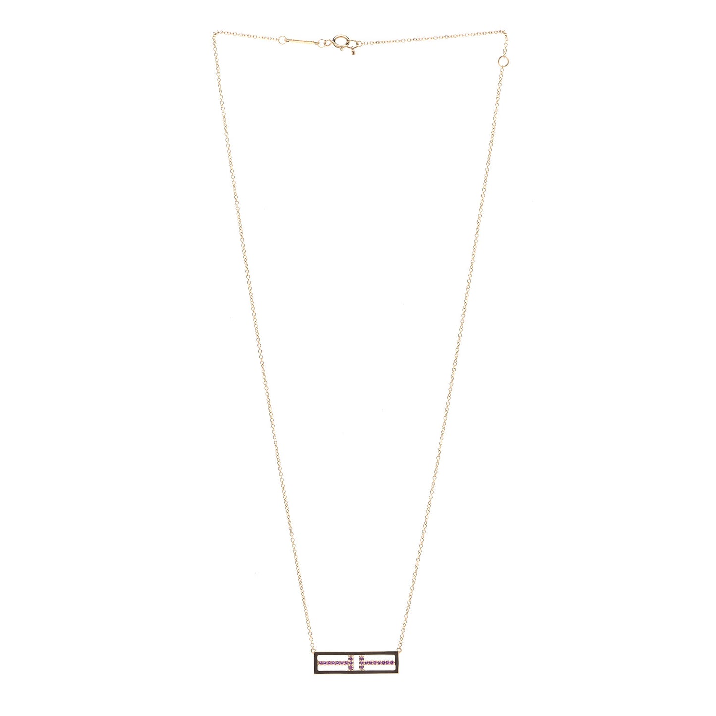 18K Rose Gold Pink Sapphire T Open Horizontal Bar Pendant Necklace