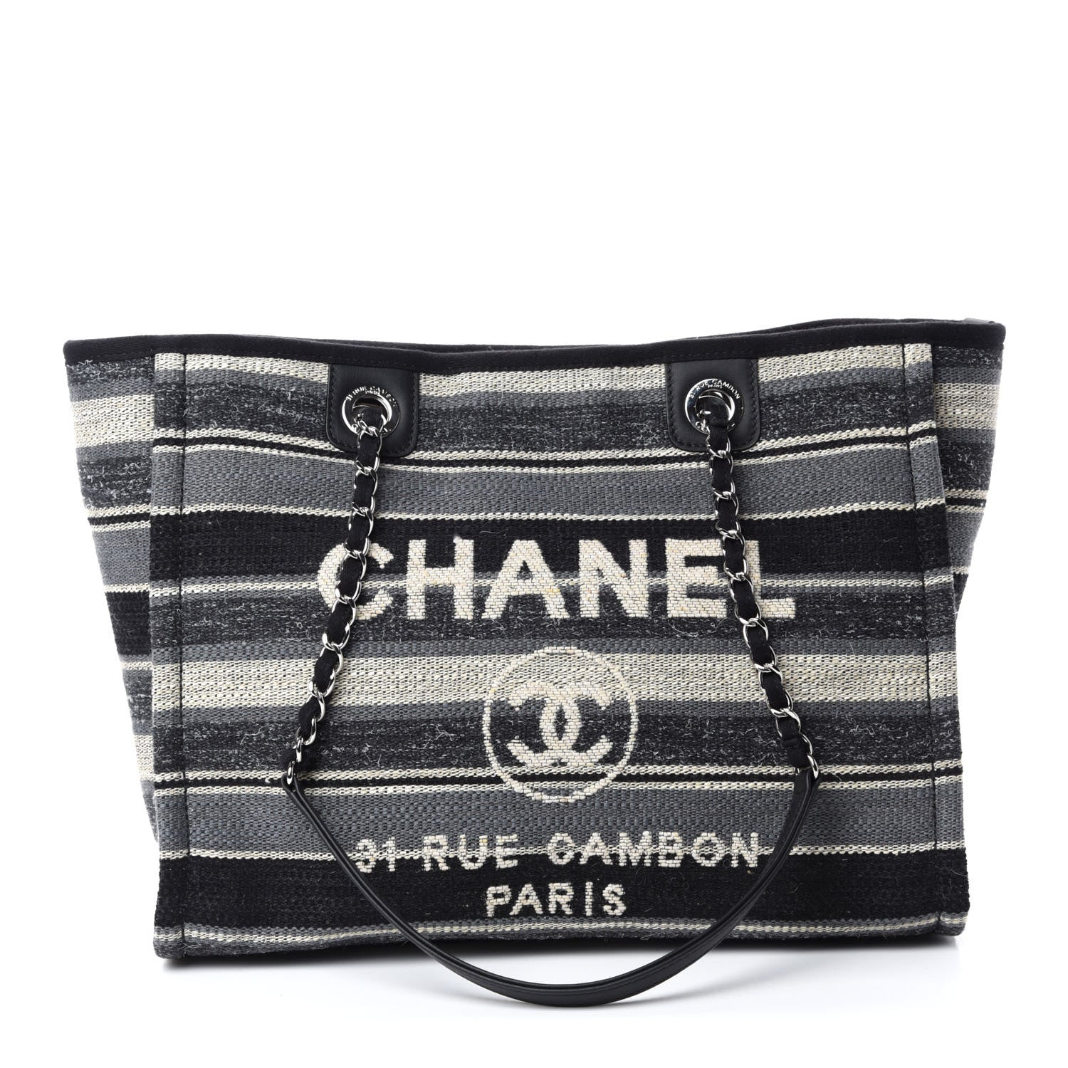 Chanel Striped Canvas Small Deauville Tote Dark Grey 1 of 10