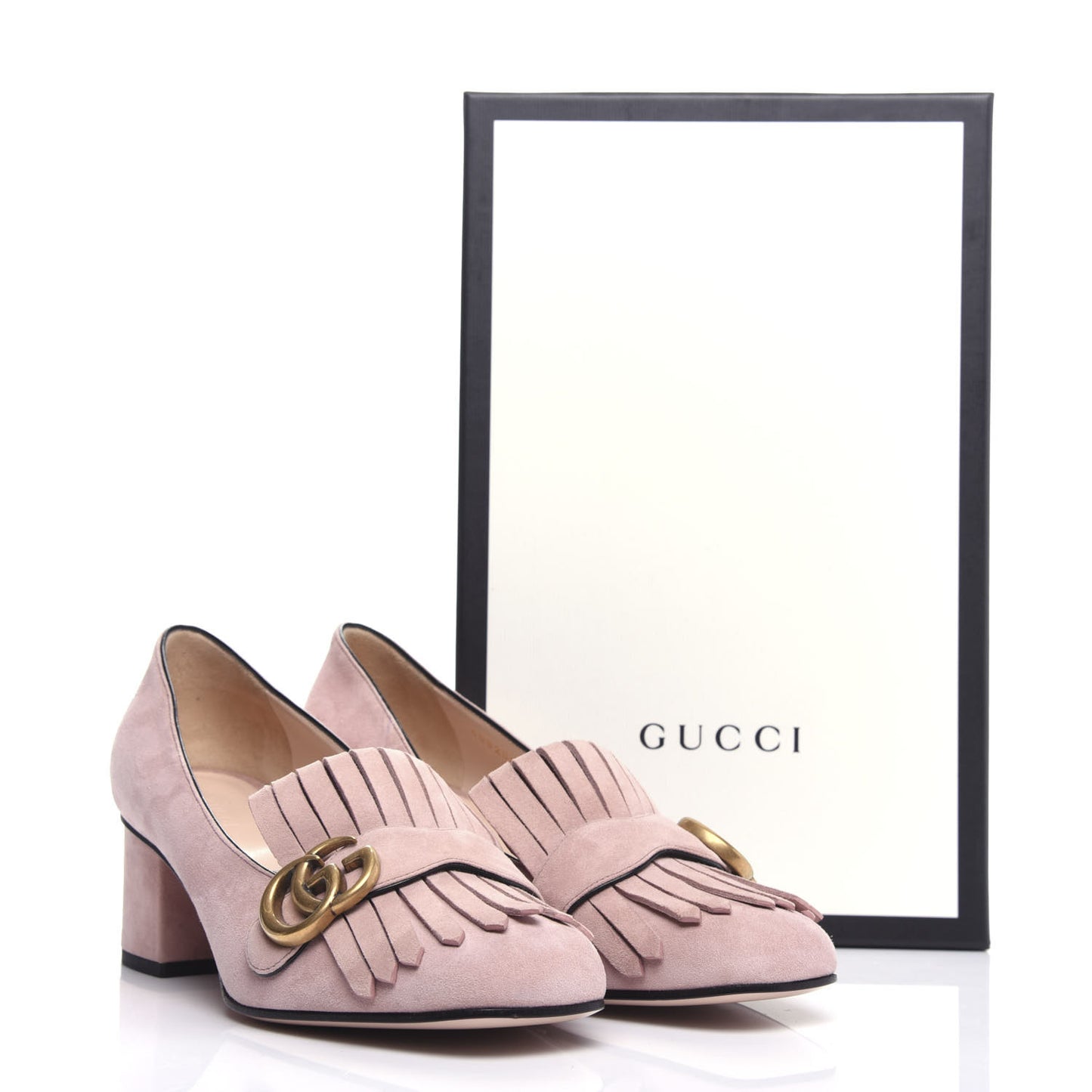 Kid Scamosciato GG Marmont Fringe 50mm Loafer Pumps 38.5 Crystal Pink