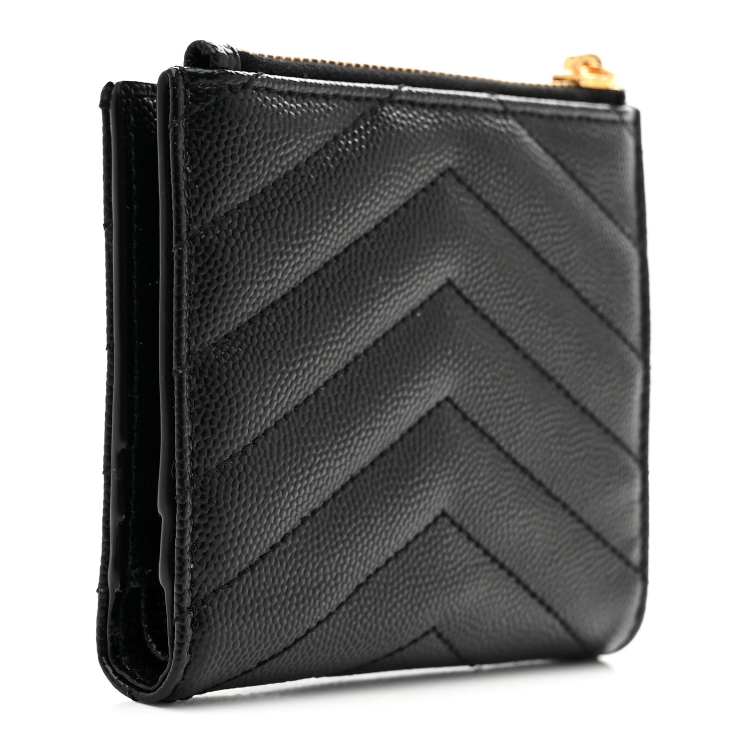 Saint Laurent Grain De Poudre Matelasse Chevron Monogram Zipped Card Case Black 3 of 8