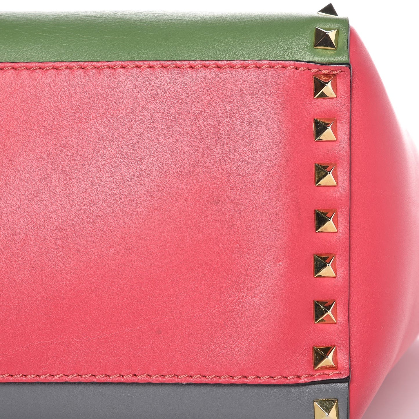 Vitello Colorblock Small Rockstud Double Handle Tote Deep Rose Clover Grey Scarlet