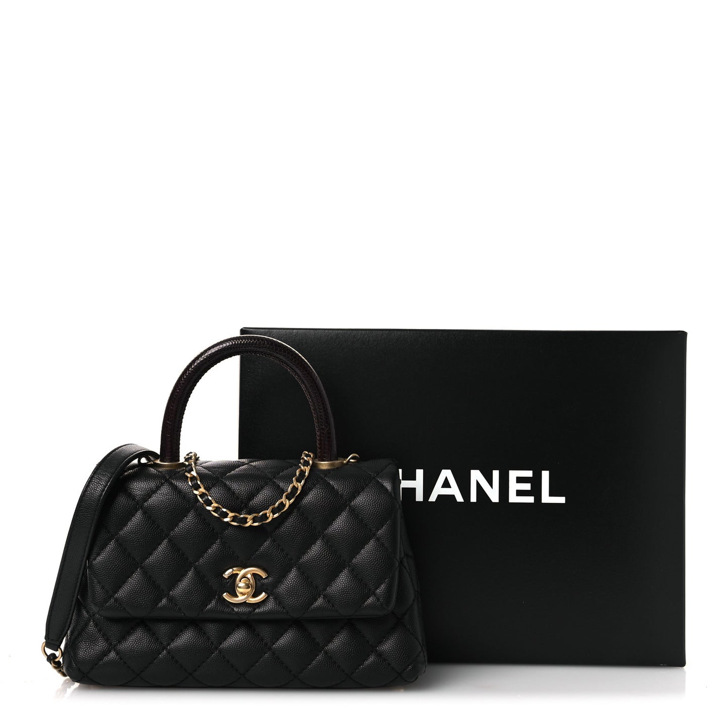 Caviar Lizard Embossed Quilted Mini Coco Handle Flap Black