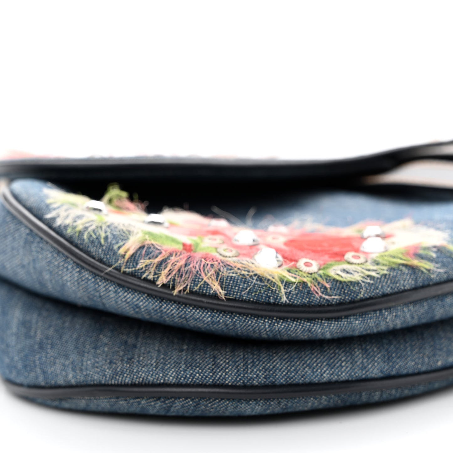 Denim Crystal Floral Embroidered Saddle Bag Multicolor
