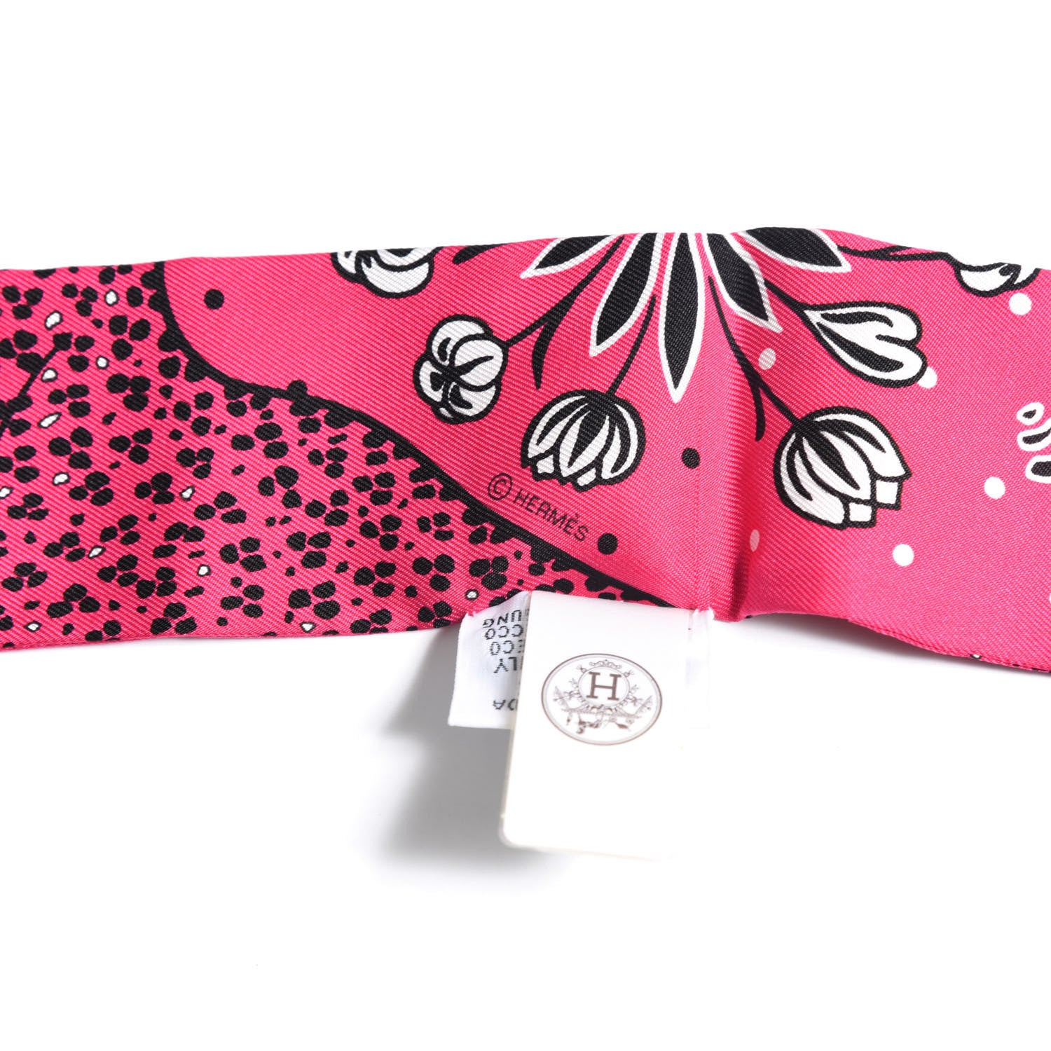 Hermes Silk Les Leopards Twilly Rose Vif Black White 3 of 4
