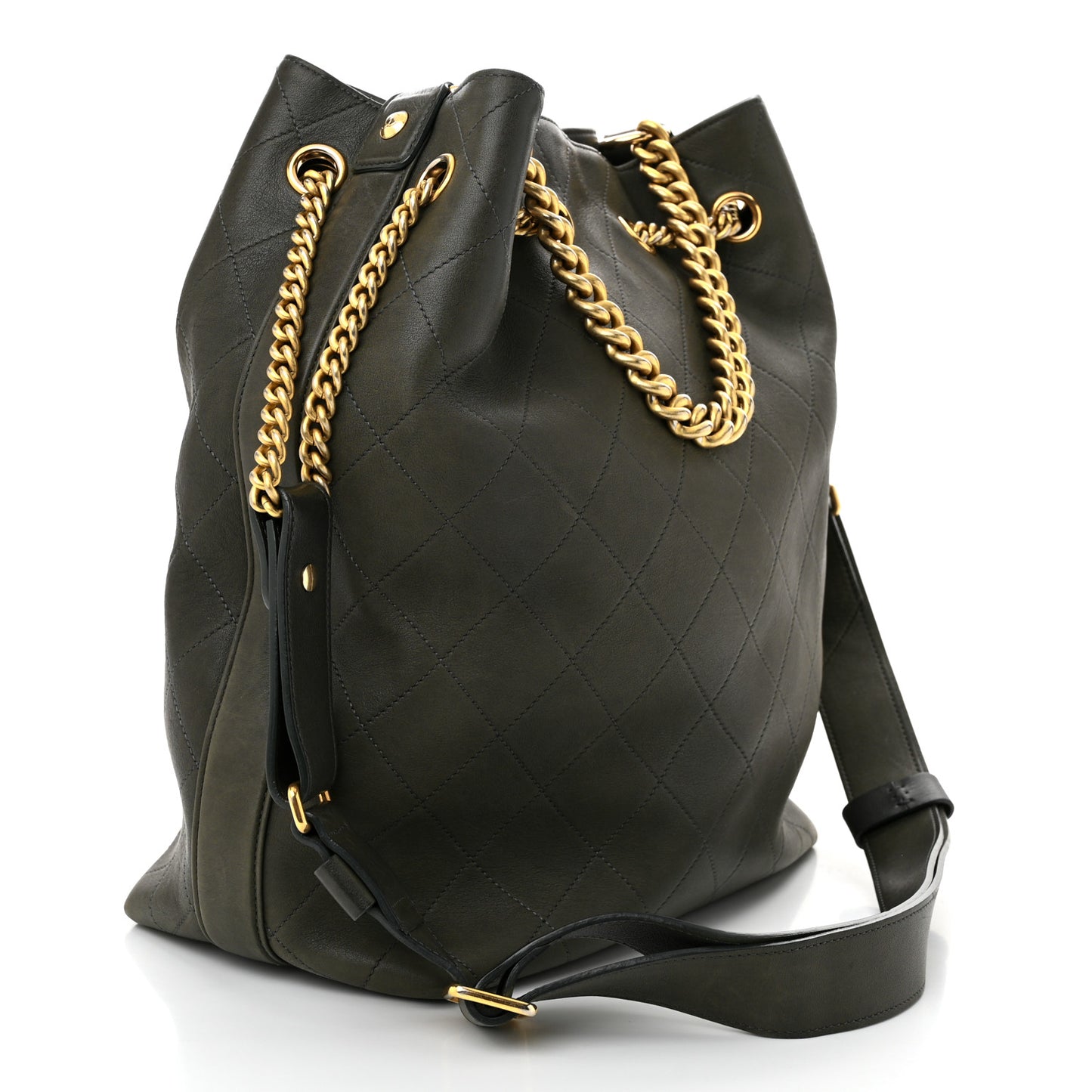 Calfskin Quilted Small On My Shoulder Drawstring Bag Dark Green