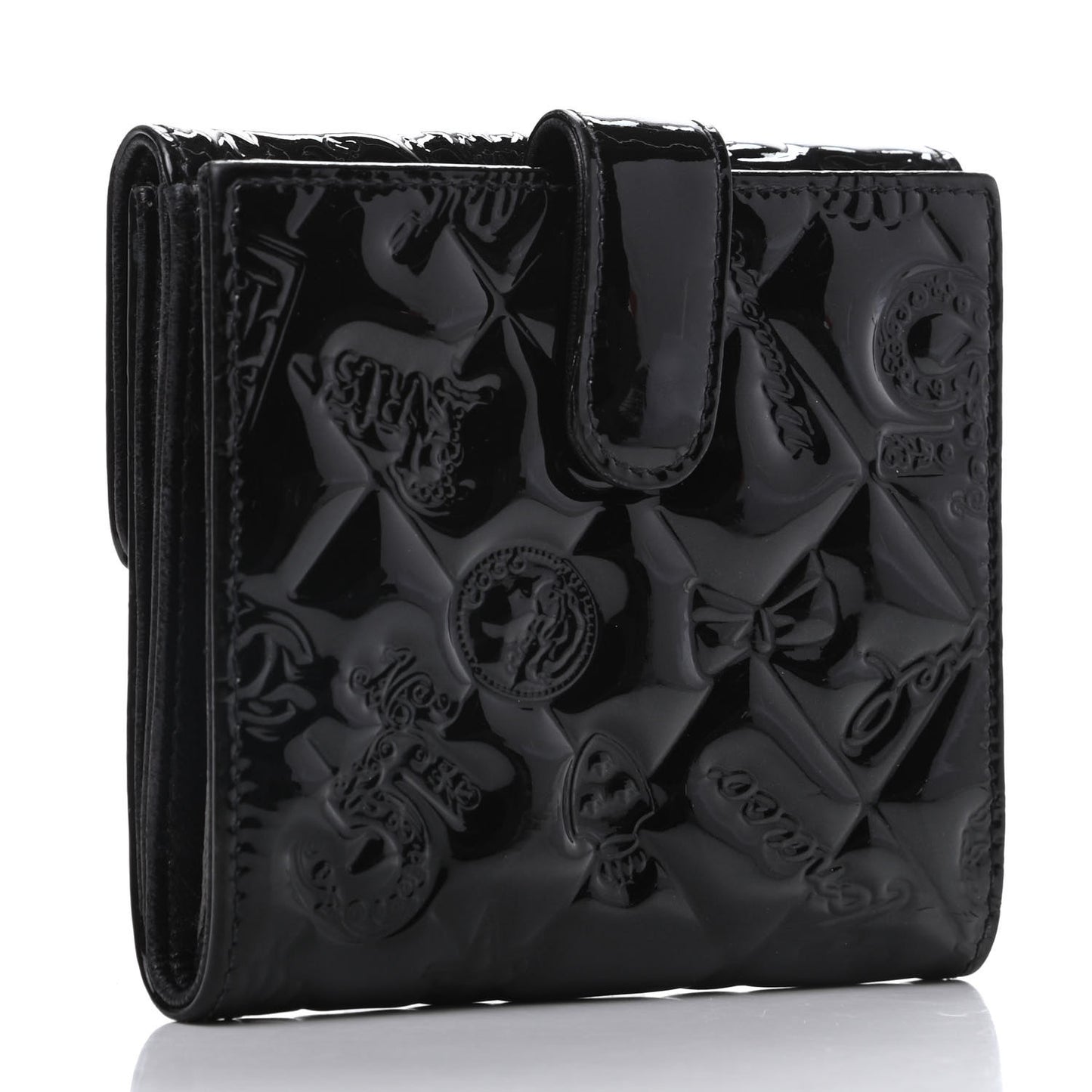 Patent Calfskin Lucky Symbols Compact French Flap Wallet Black