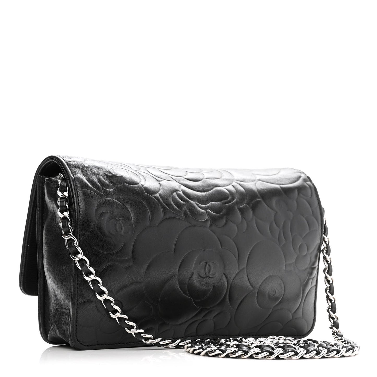 Lambskin Camellia Embossed Wallet With Chain WOC Black