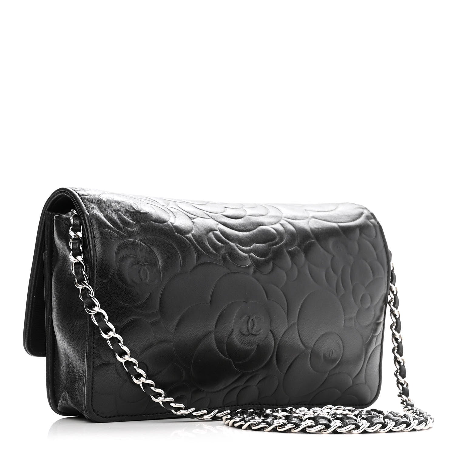 Chanel Lambskin Camellia Embossed Wallet With Chain WOC Black 2 of 12