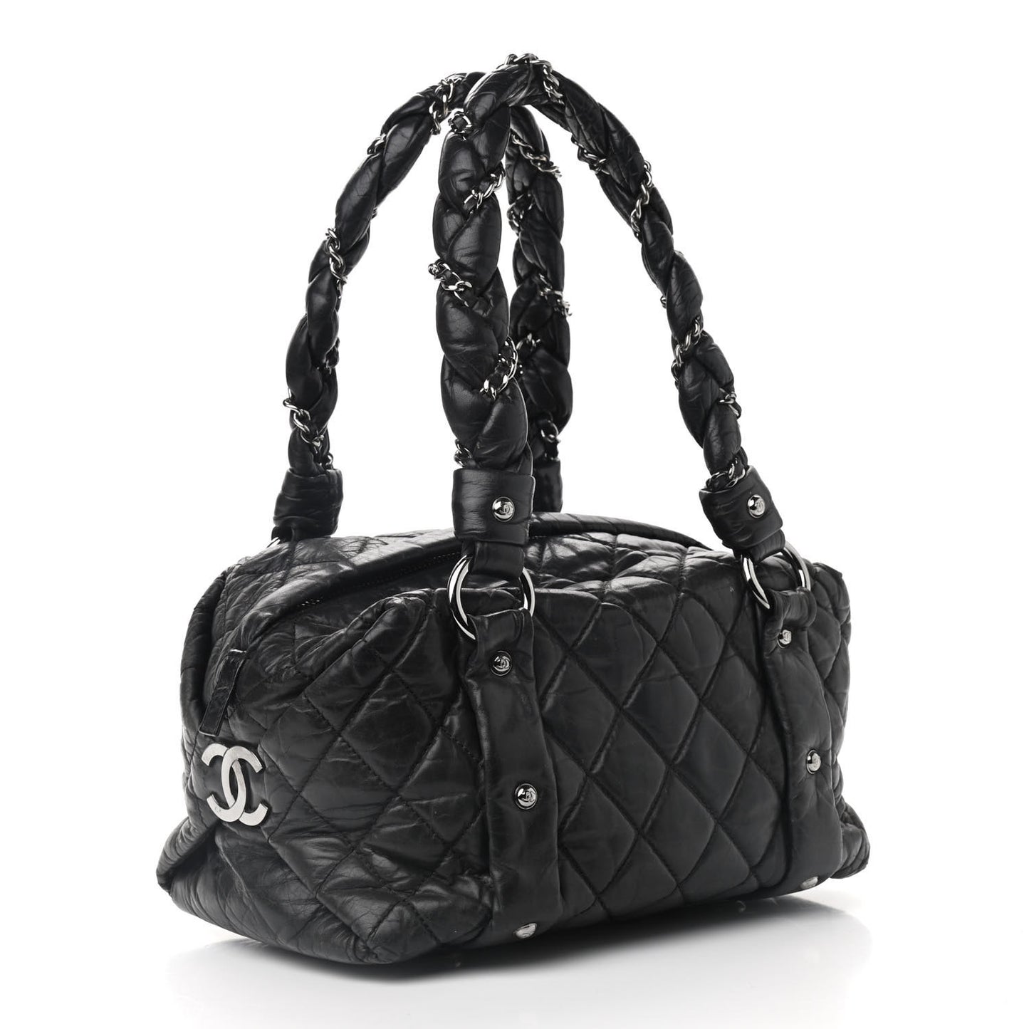 Distressed Lambskin Lady Braid Small Tote Black
