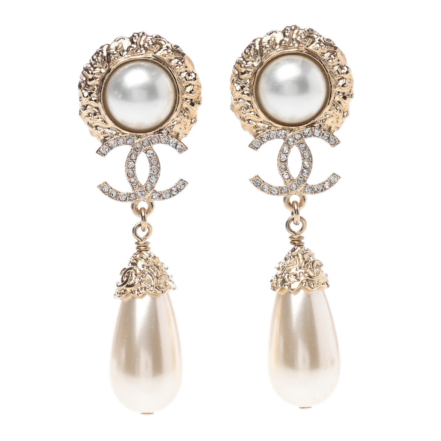 Metal Pearl Crystal Textured Teardrop CC Drop Earrings Gold