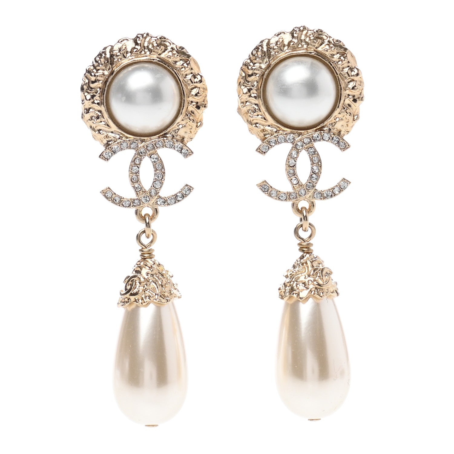 Chanel Metal Pearl Crystal Textured Teardrop CC Drop Earrings Gold 1 of 4