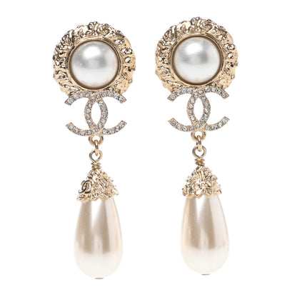 Chanel Metal Pearl Crystal Textured Teardrop CC Drop Earrings Gold 1 of 4