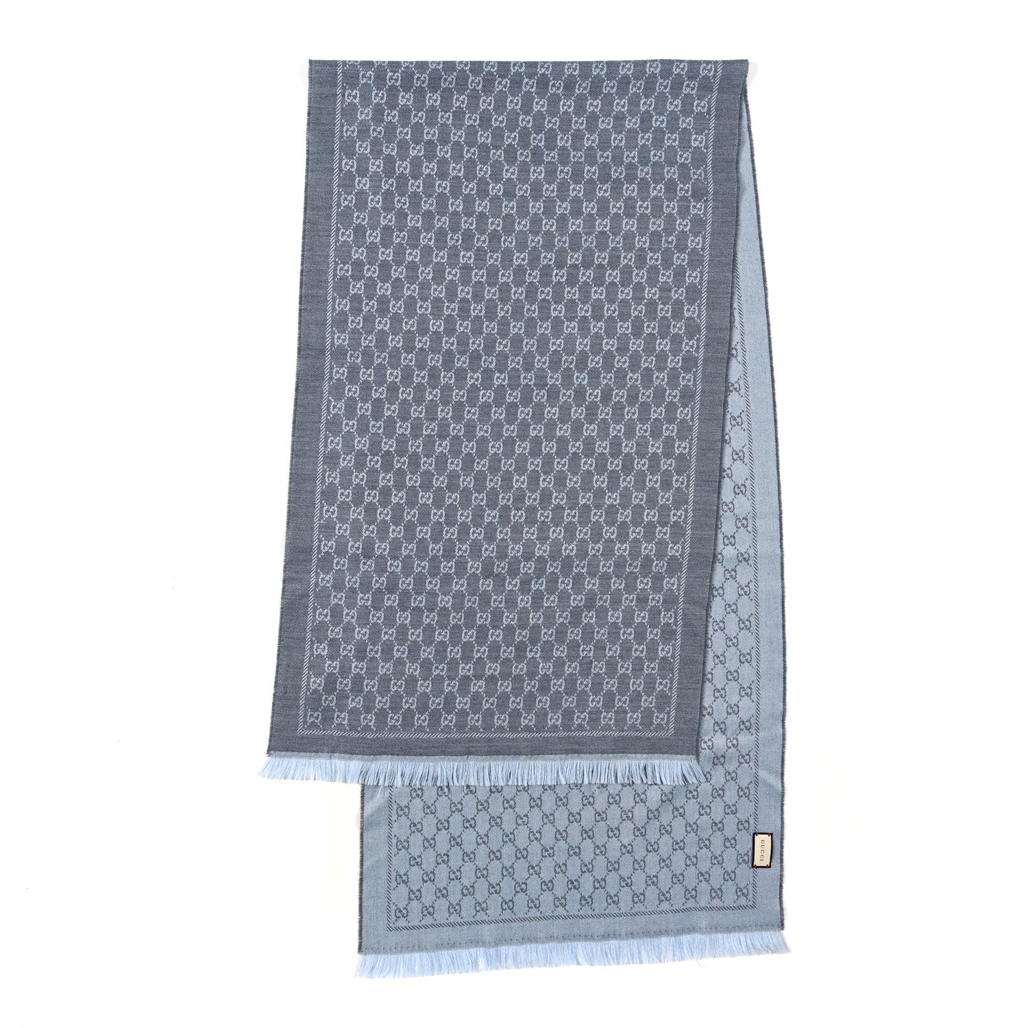 Gucci Wool GG Monogram Reversible New Sten Fringe Scarf Flannel Sky Blue 2 of 4