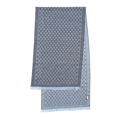 Gucci Wool GG Monogram Reversible New Sten Fringe Scarf Flannel Sky Blue 2 of 4