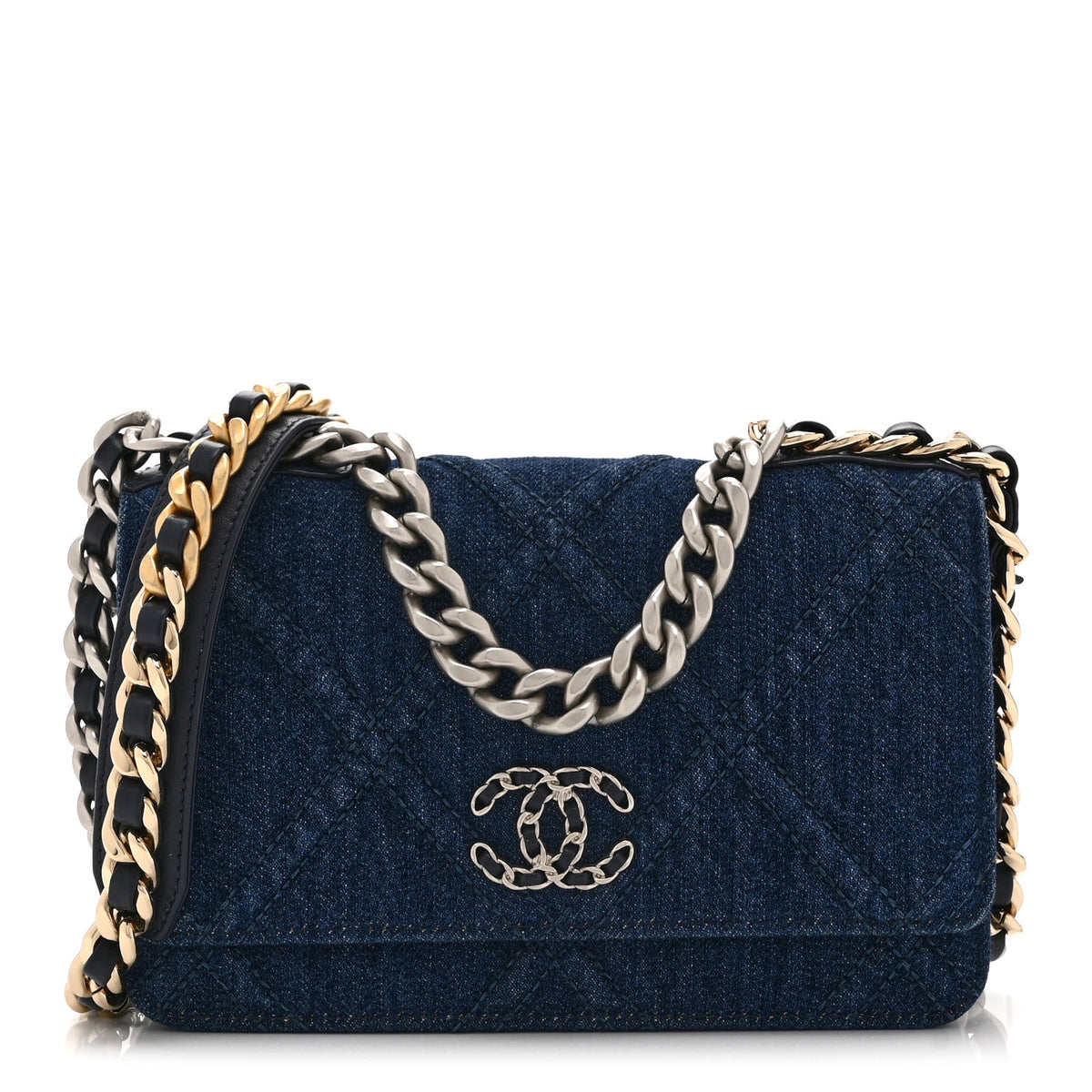 Denim Quilted Chanel 19 Wallet On Chain WOC Blue