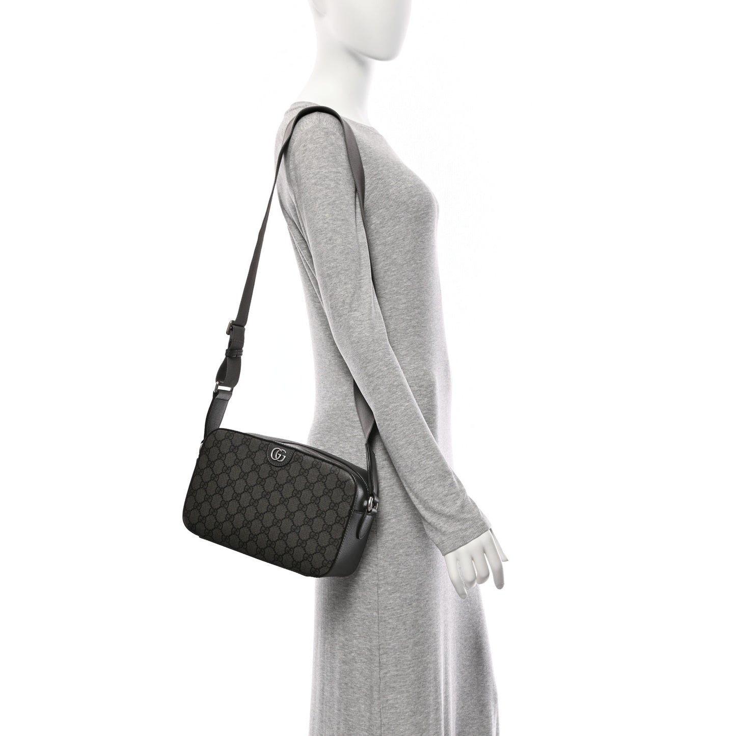 GG Supreme Monogram Textured Dollar Calfskin Ophidia Shoulder Bag Grey Black Graphite Grey