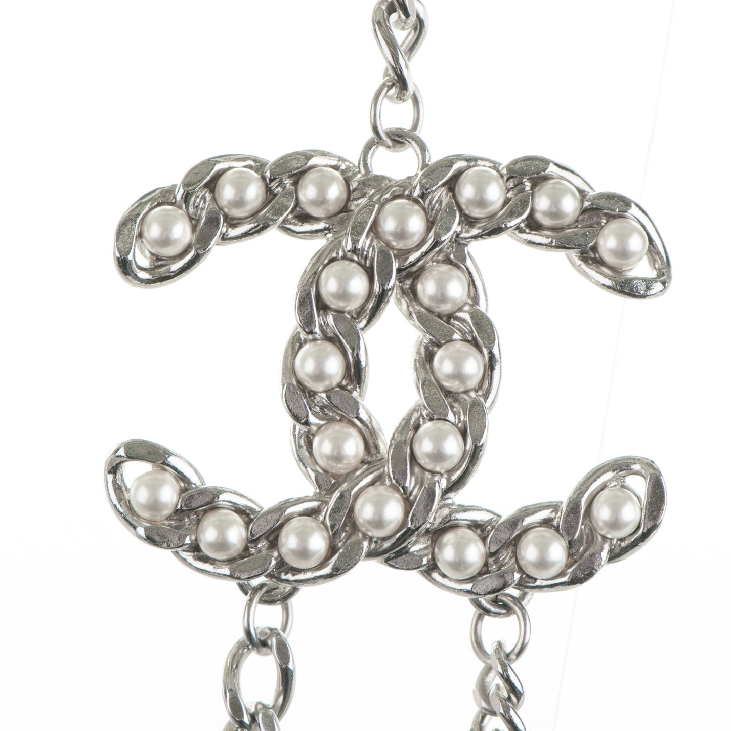Pearl CC Long Chain Necklace Silver