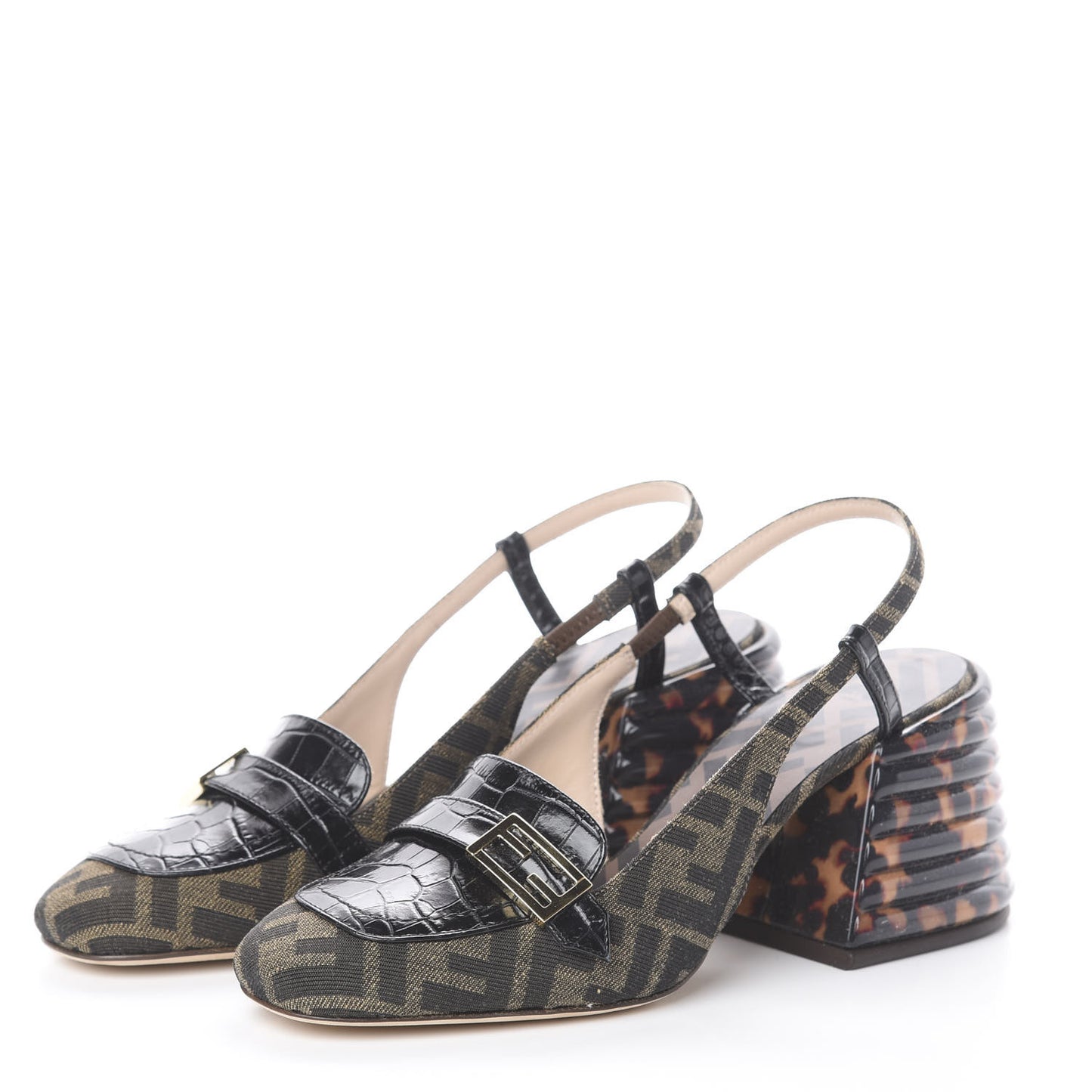 Jacquard Calfskin FF Tortoise Promenade Slingback Loafer Pumps 37 Tobacco