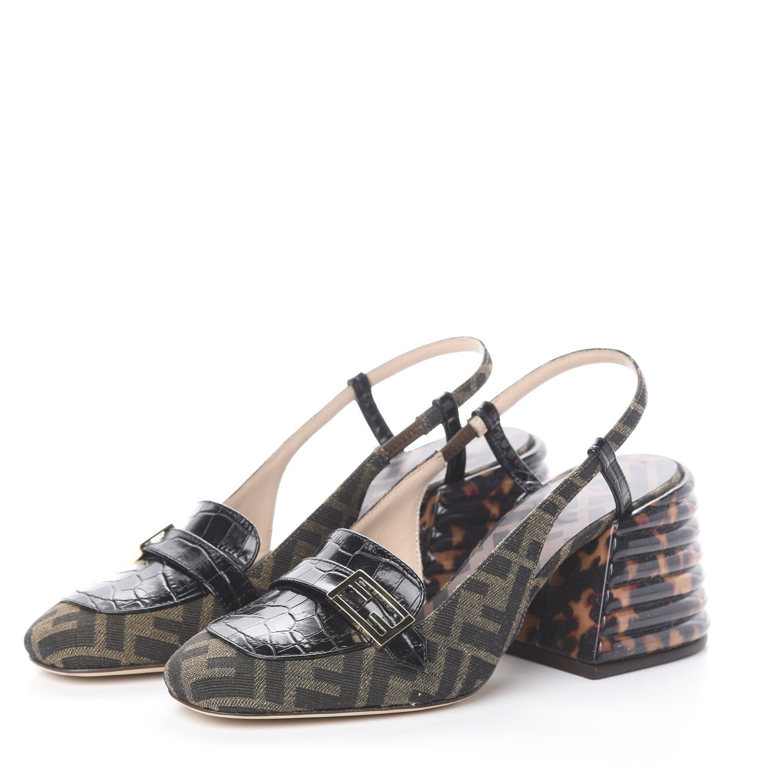 Fendi Jacquard Calfskin FF Tortoise Promenade Slingback Loafer Pumps 37 Tobacco 2 of 7
