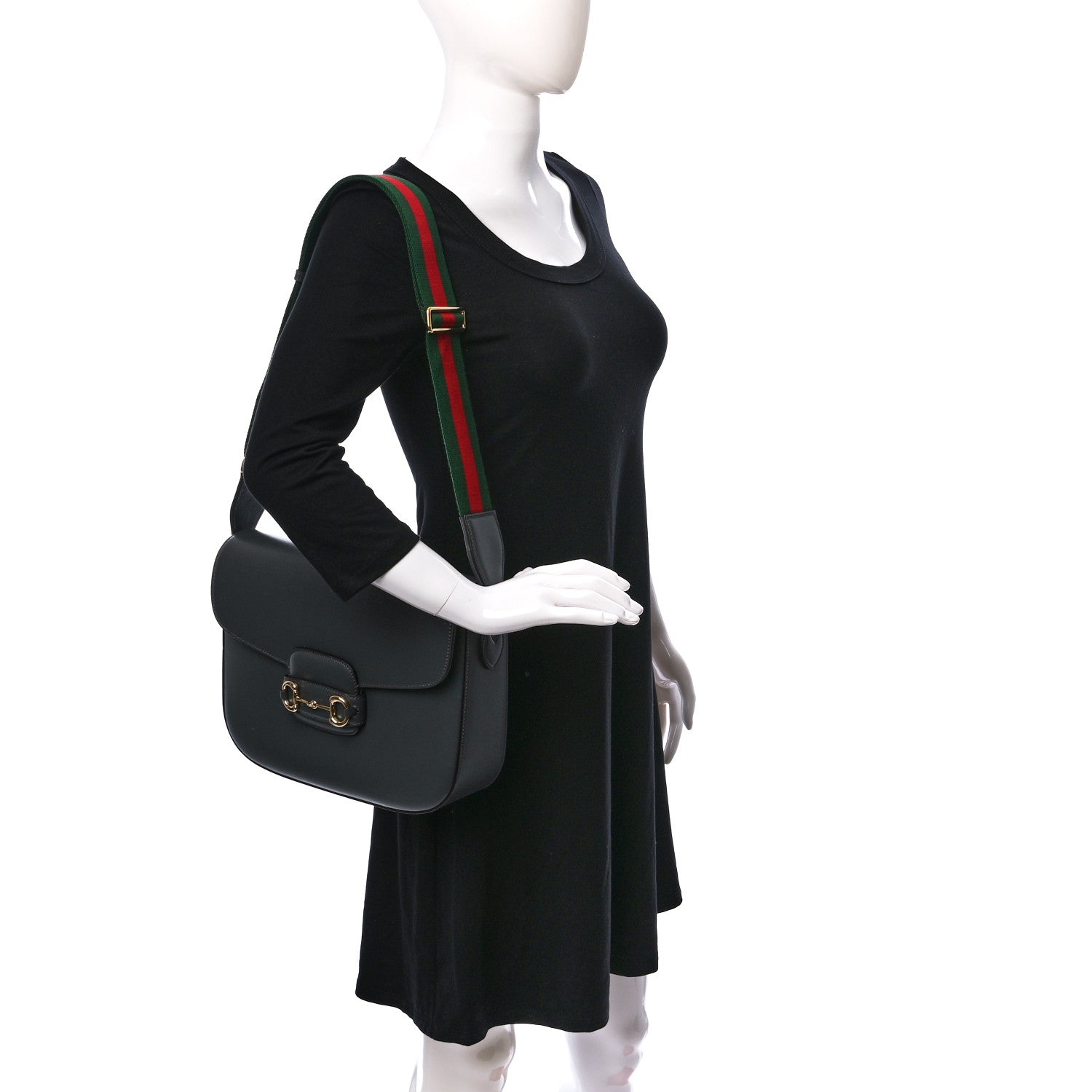 Gucci Azalea Calfskin Web Horsebit 1955 Shoulder Bag Graphite Grey 2 of 9