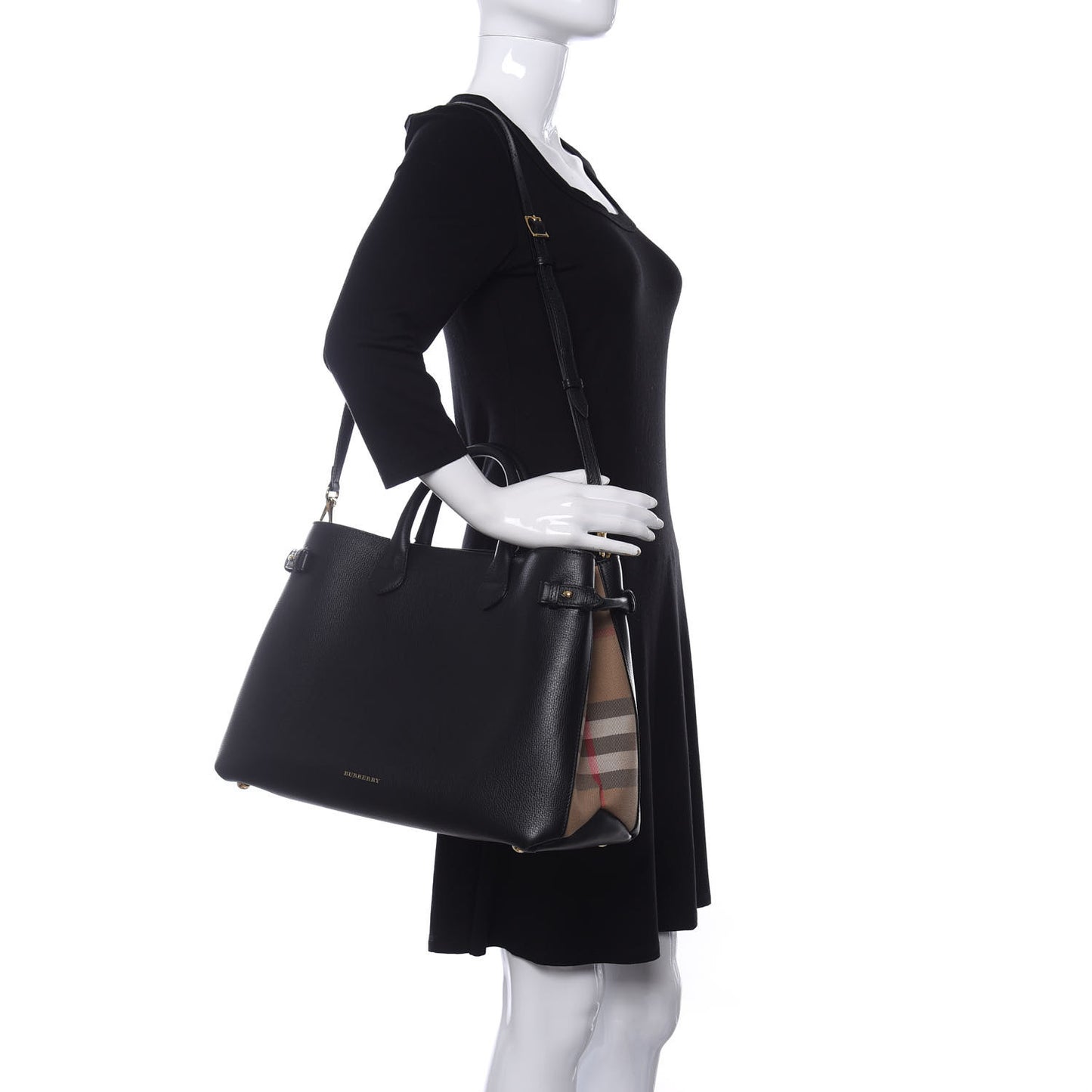 Grainy Calfskin House Check Large Banner Tote Black