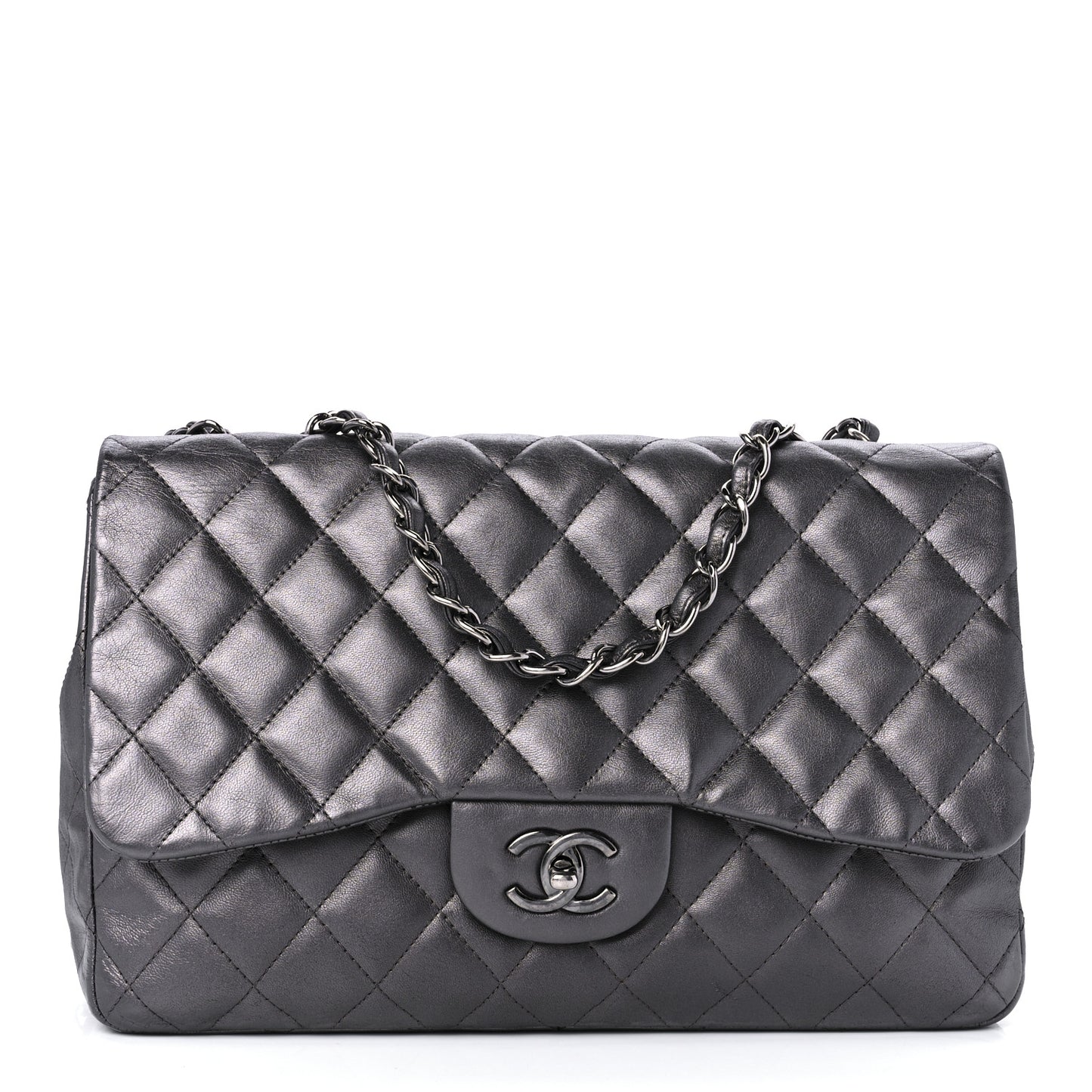 Metallic Lambskin Quilted Jumbo Single Flap Dark Grey