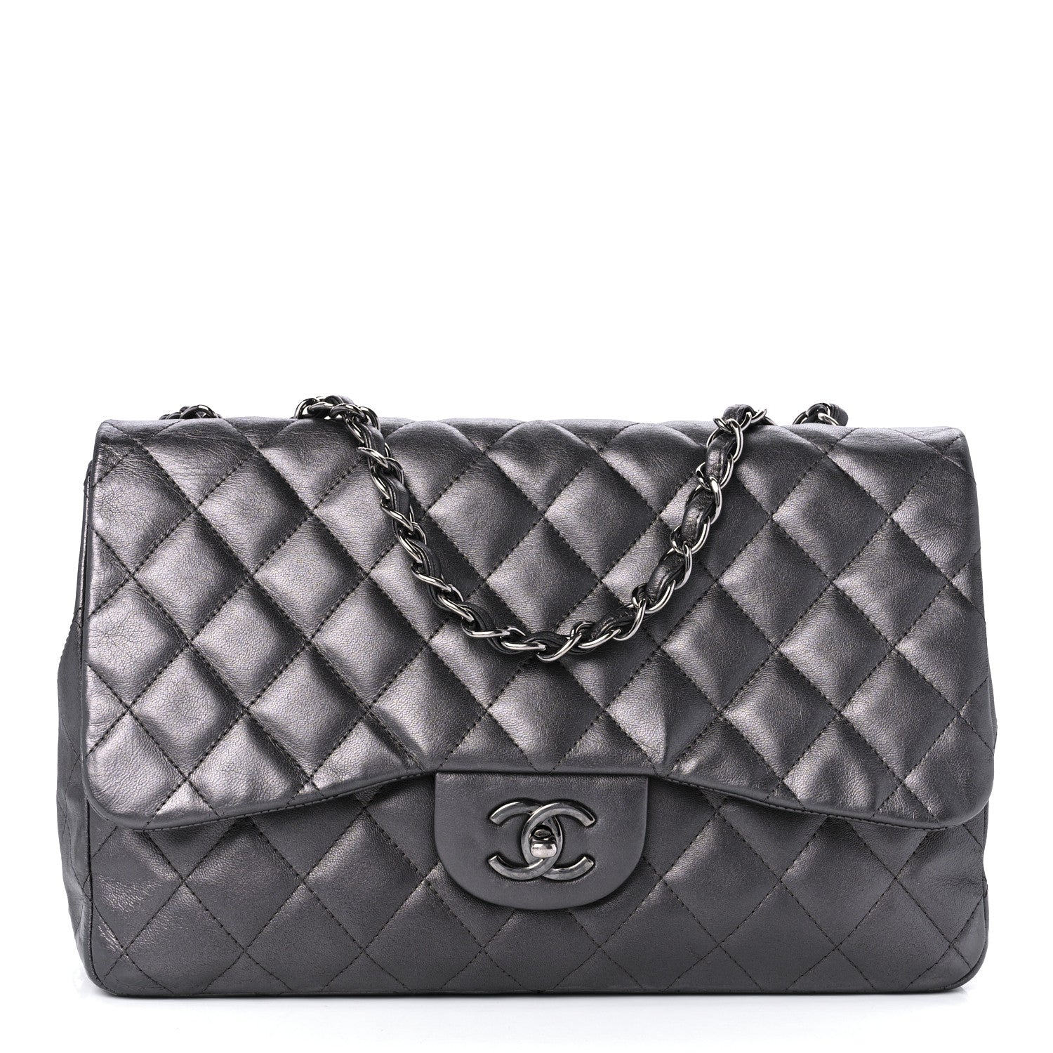 Chanel Metallic Lambskin Quilted Jumbo Single Flap Dark Grey 1 of 10