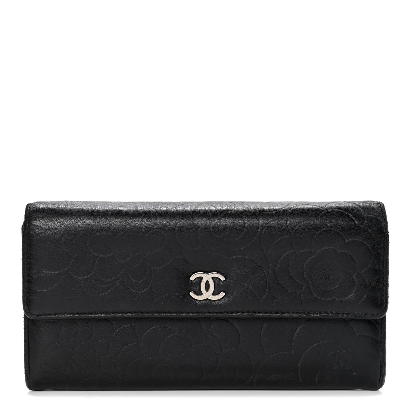 Lambskin Embossed Camellia Large Gusset Flap Wallet Black