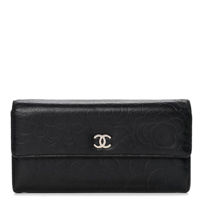 Chanel Lambskin Embossed Camellia Large Gusset Flap Wallet Black 1 of 7