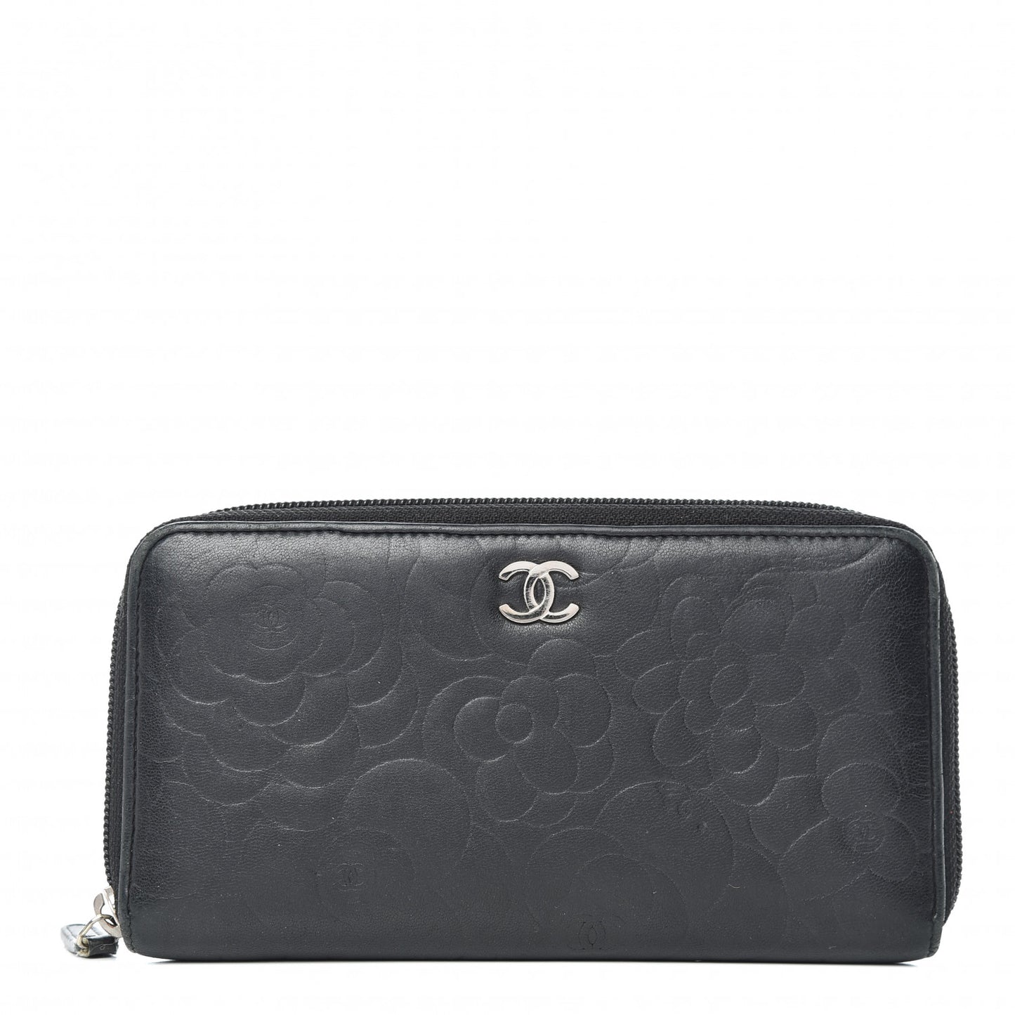 Lambskin Camellia Embossed Large Zip Around Gusset Wallet Black