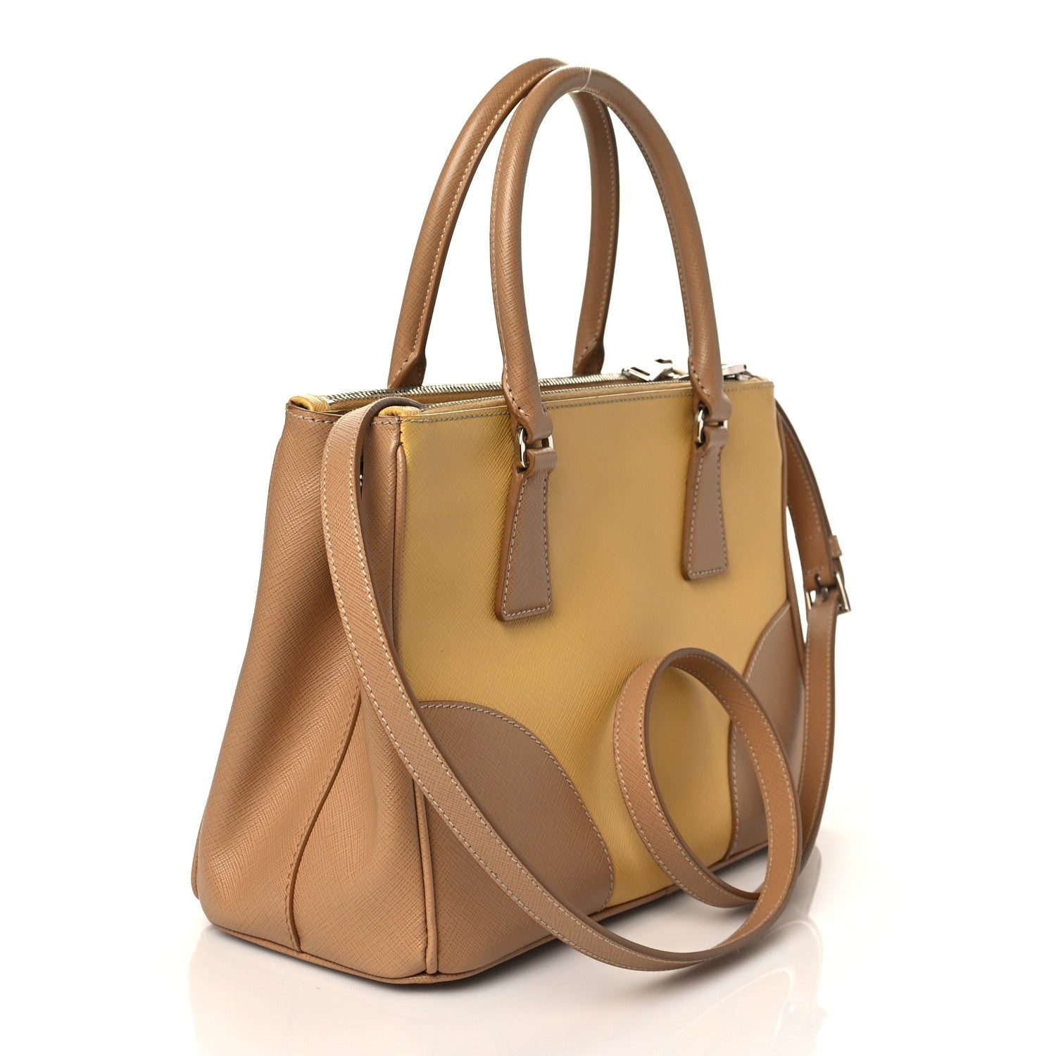 Prada Saffiano Small Bi-Color Galleria Double Zip Tote Gine Caramel 3 of 9