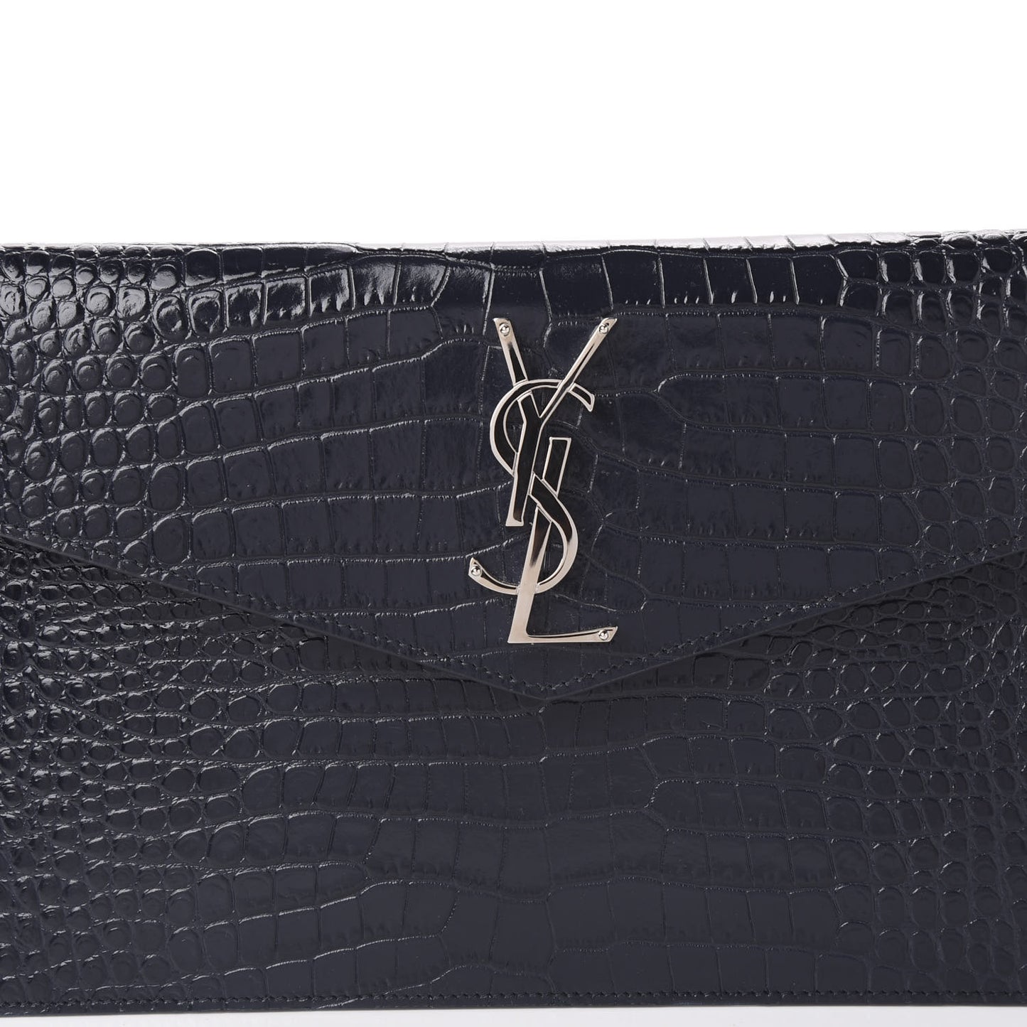 Calfskin Crocodile Embossed Uptown Monogram Clutch Deep Marine