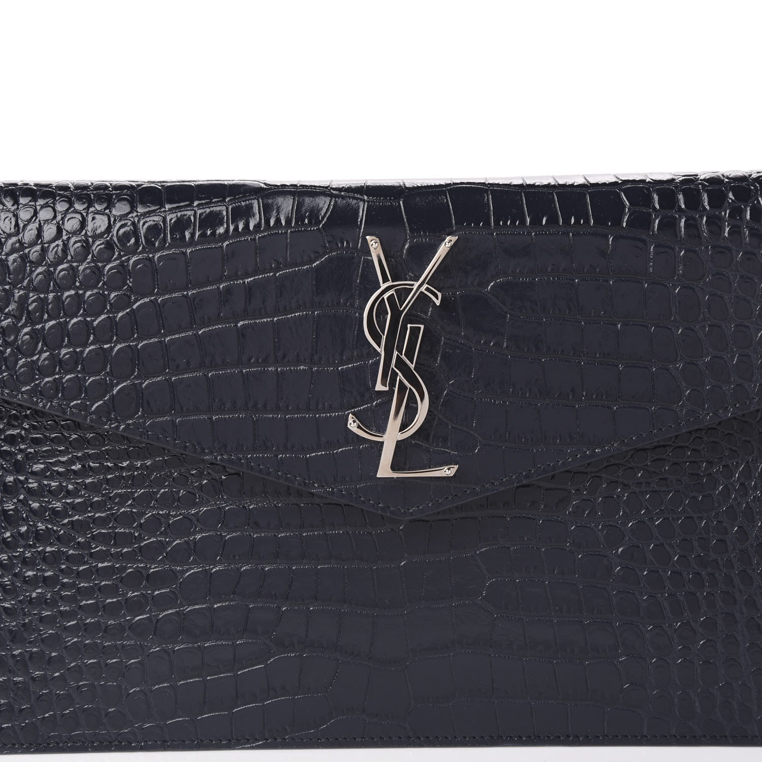 Saint Laurent Calfskin Crocodile Embossed Uptown Monogram Clutch Deep Marine 8 of 9