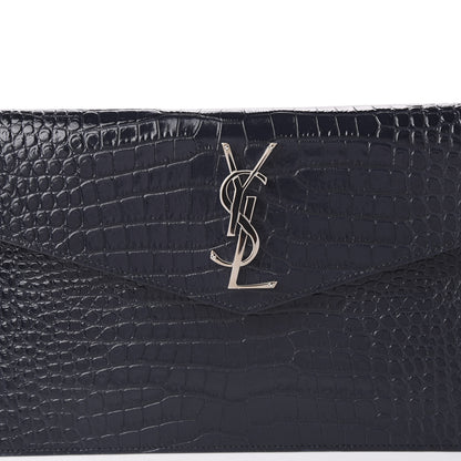 Saint Laurent Calfskin Crocodile Embossed Uptown Monogram Clutch Deep Marine 8 of 9