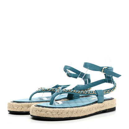 Chanel Lambskin Chain CC Thong Espadrille Sandals 40 Blue 3 of 9