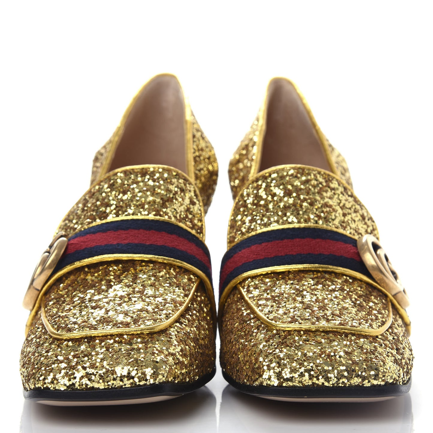 Glitter Nappa Web Peyton 75mm Loafer Pumps 38.5 Oro Vecchio