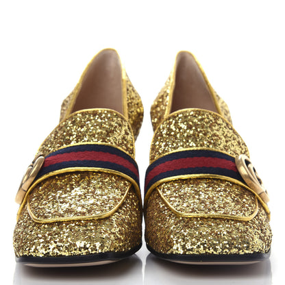 Gucci Glitter Nappa Web Peyton 75mm Loafer Pumps 38.5 Oro Vecchio 2 of 12