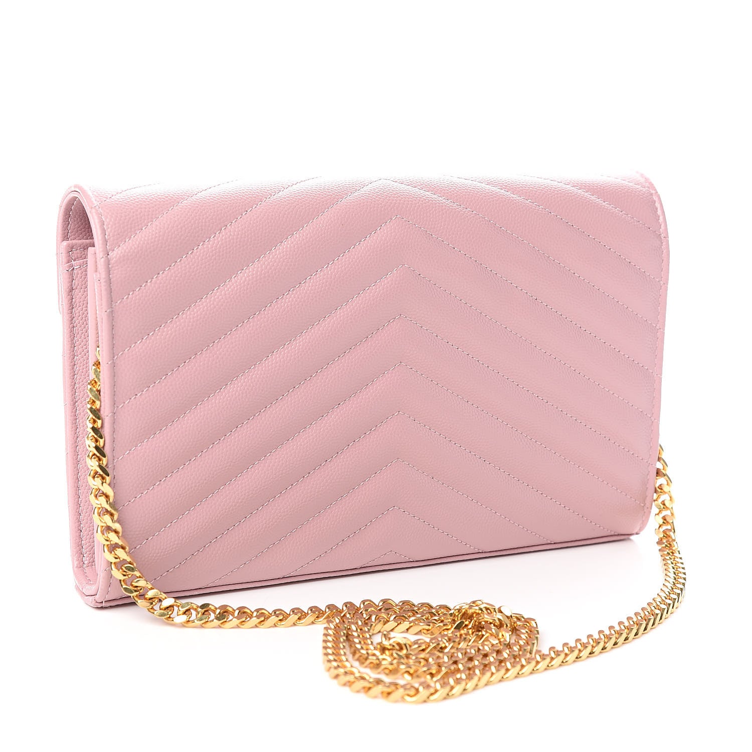 Saint Laurent Grain De Poudre Matelasse Chevron Monogram Chain Wallet Pale Pink 3 of 11