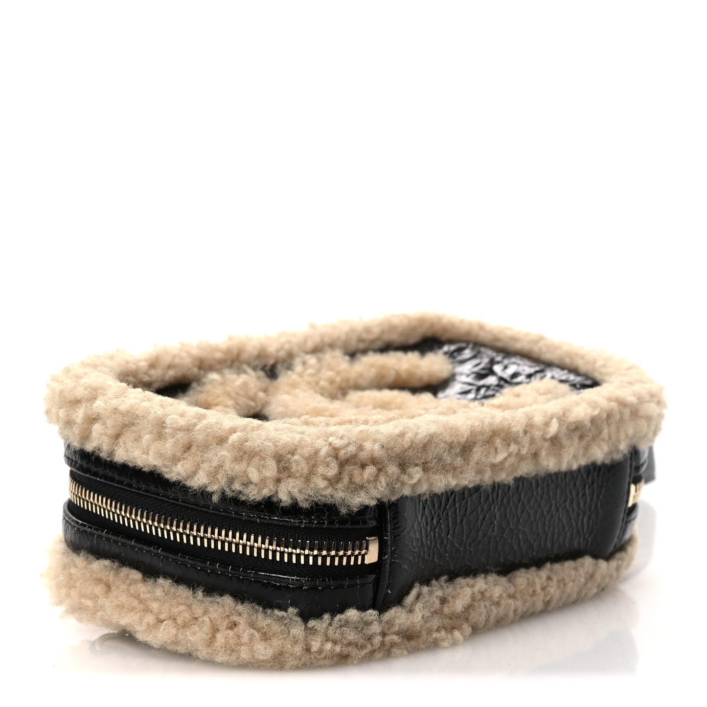 Shiny Crumpled Sheepskin Shearling Waist Bag Black Beige