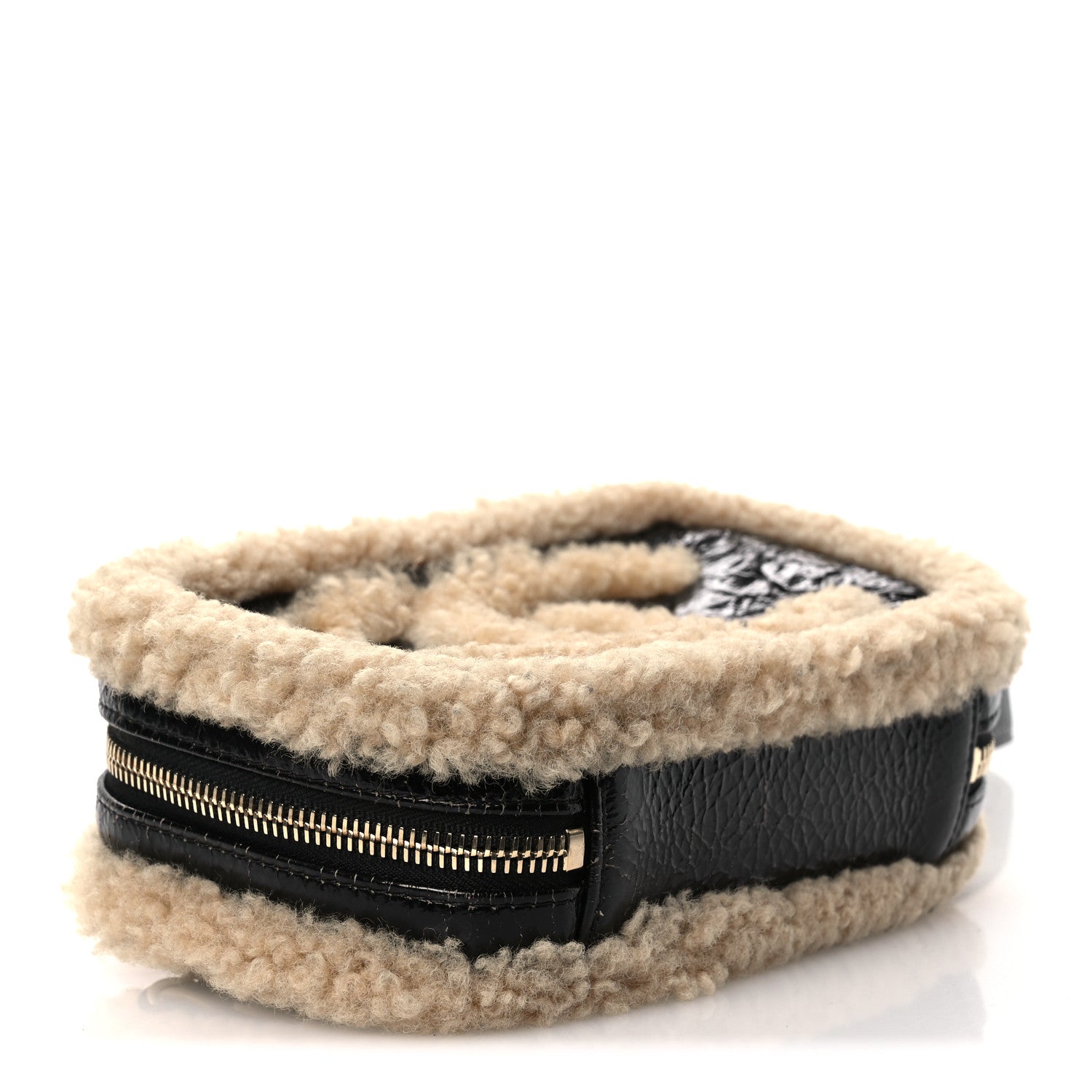 Chanel Shiny Crumpled Sheepskin Shearling Waist Bag Black Beige 4 of 13