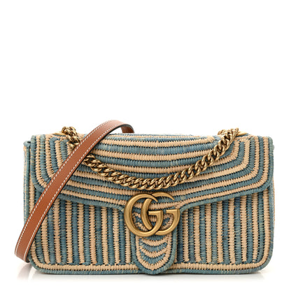 Gucci Raffia Woven Small GG Marmont Shoulder Bag Natural Light Blue 1 of 11