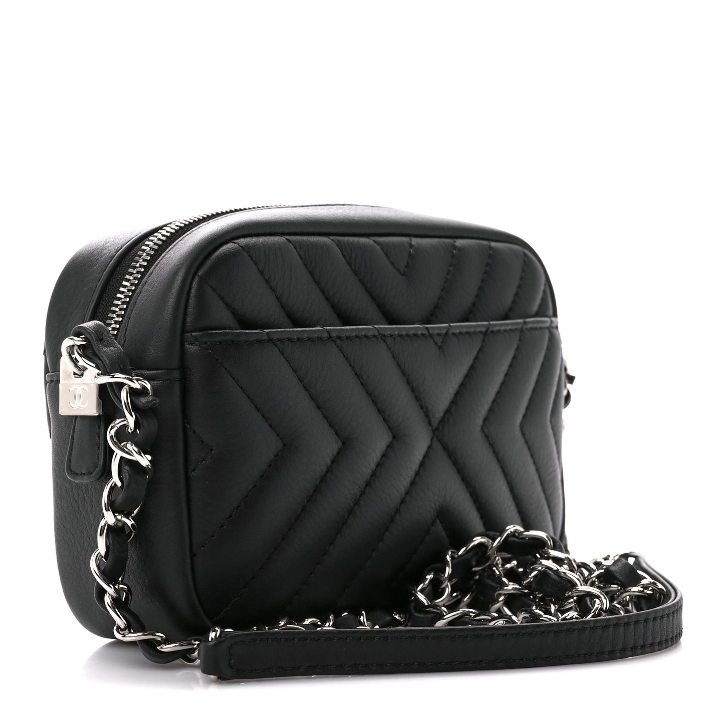 Calfskin Diagonal Chevron Quilted Tassel Camera Case Black