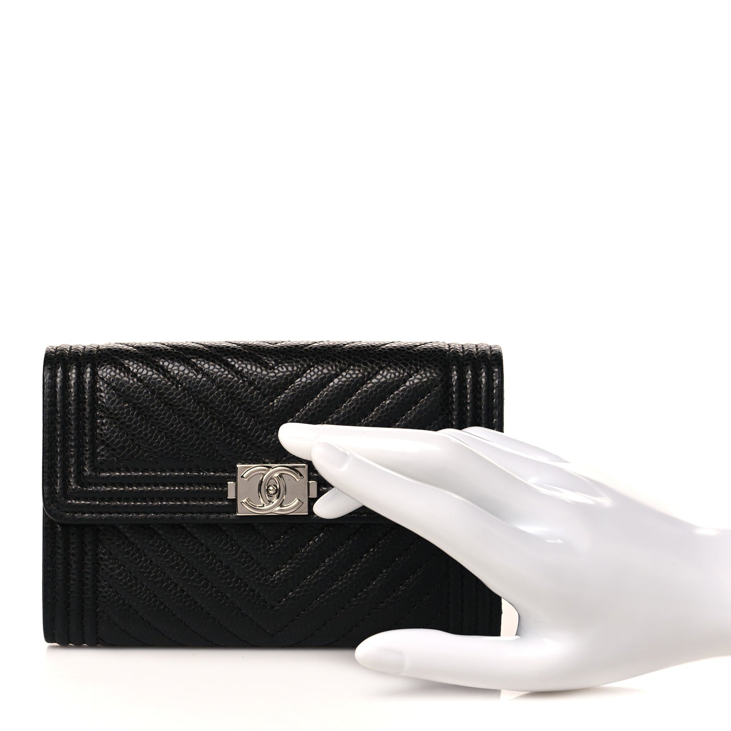 Caviar Chevron Quilted Medium Boy Flap Wallet Black